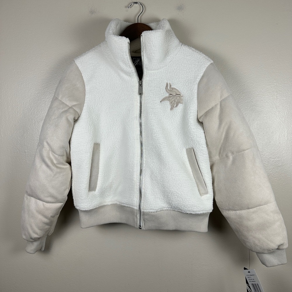 G-III 4Her Women's Small Minnesota Vikings Jacket Cream Sherpa Puffer NFL NEW